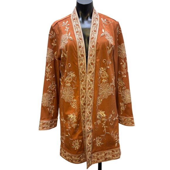 NWT Soft Surroundings Embroidered Faux Suede Kimono Jacket Orange M - Picture 1 of 8